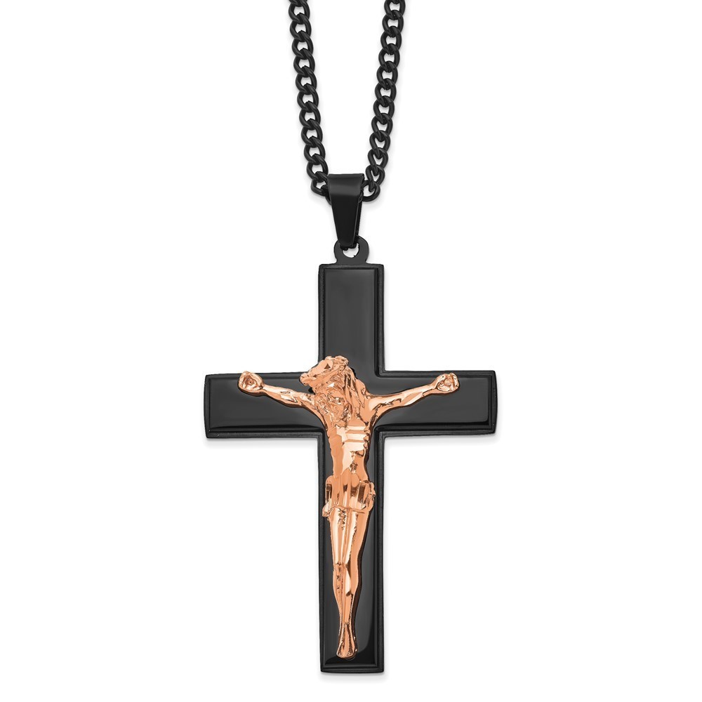 Chisel Stainless Steel Black Rose IP-plated Crucifix Charm 24" Curb Necklace